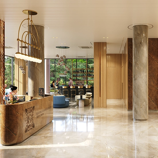 Grand double-height lobby of Godrej South Estate