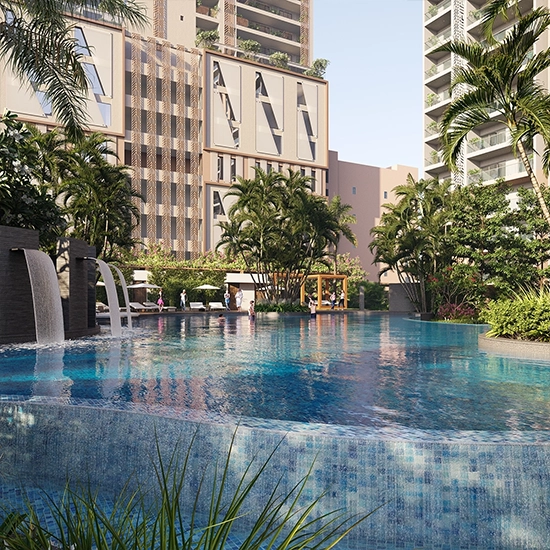 Resort-style swimming pool and landscaped greens