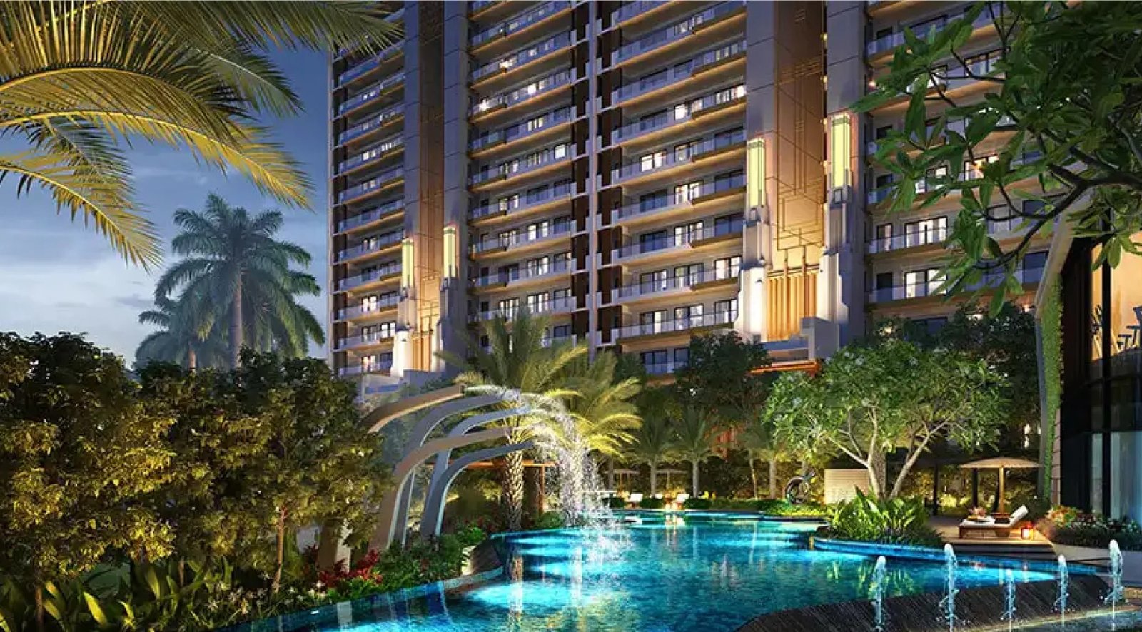 Luxury residential towers with swimming pool and landscaped gardens at Godrej Riverine Sector 44 Noida